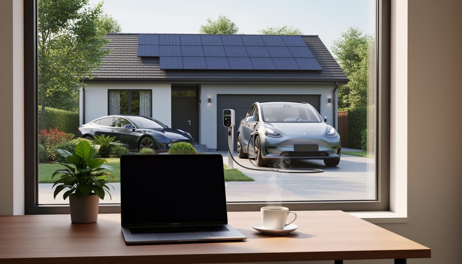 Home office desk with laptop and coffee by a window showing a parked car in the driveway, an electric vehicle plugged into a charger, and rooftop solar panels under soft daylight.