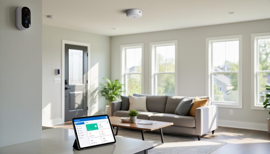 Property owner installing smart home security equipment on vacation rental entrance