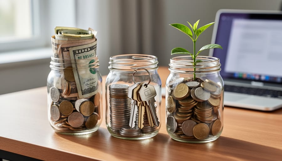 Three clear glass jars on a wooden desk representing a retirement bucket plan: one filled with cash, one with coins and house keys for rental income, and one with a green plant growing from coins; blurred laptop in background.