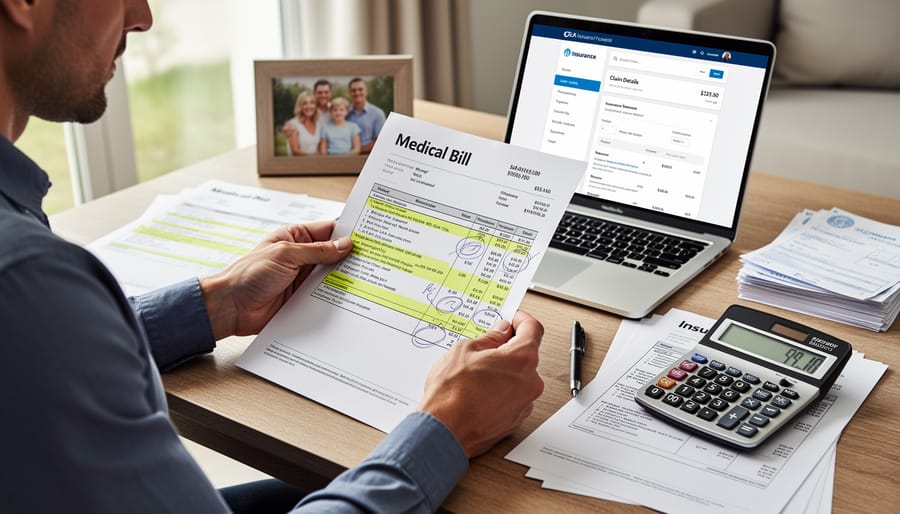 Hands reviewing medical bills and insurance documents on desk with calculator