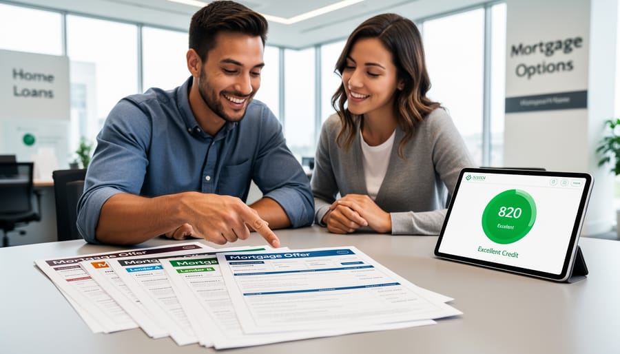 Couple reviewing mortgage documents and rates at home on laptop