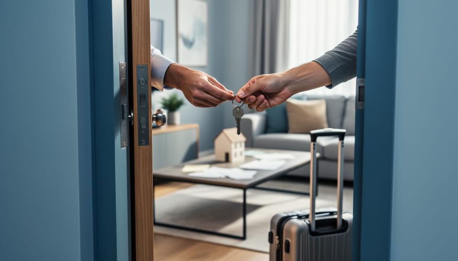 Homeowner handing a house key to an arriving guest with a rolling suitcase at a modern short-term rental entrance, softly lit with a blurred living room and a console table holding unlabeled papers and a small house model in the background.