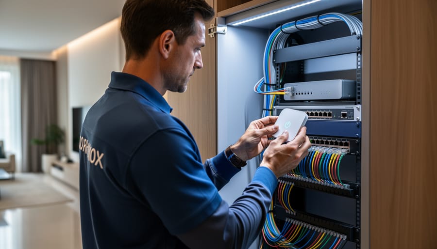 Technician in uniform installing a smart home hub with neatly organized Ethernet cables inside a modern home network closet, softly lit with diffused daylight, upscale interior blurred in the background