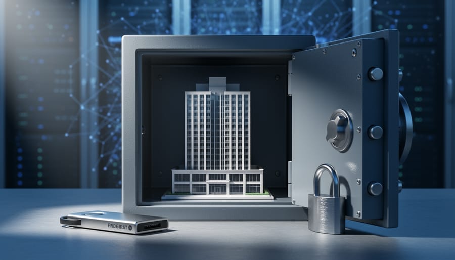 Eye-level close-up of a modern building scale model inside an open steel safe with an unbranded hardware crypto wallet and solid padlock, lit with cool blue-gray tones; blurred server racks and faint blockchain-like lights in the background.