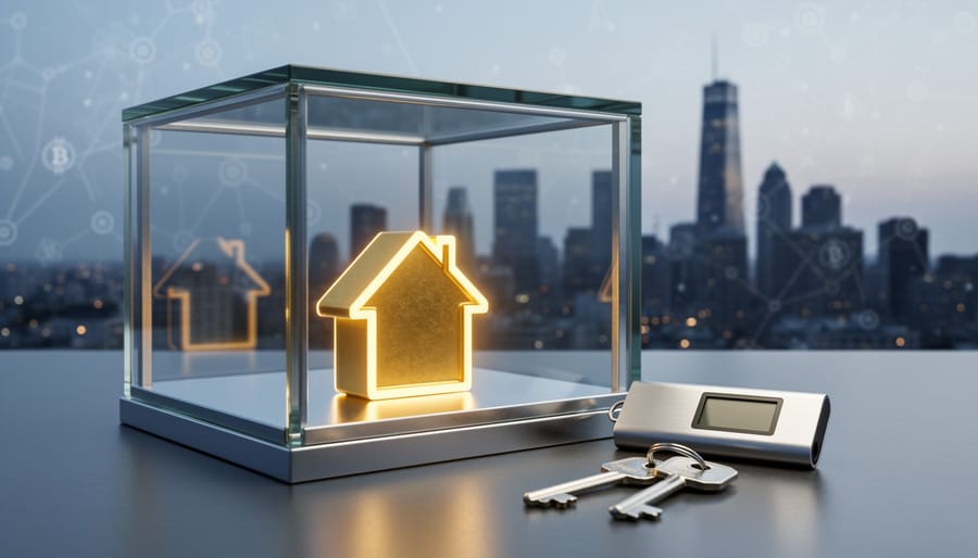 Transparent glass safe holding a glowing gold house-shaped digital token with a hardware wallet and two metal keys, lit in cool blue studio light, with a blurred city skyline and subtle blockchain patterns in the background, conveying secure insured custody of tokenized real estate.