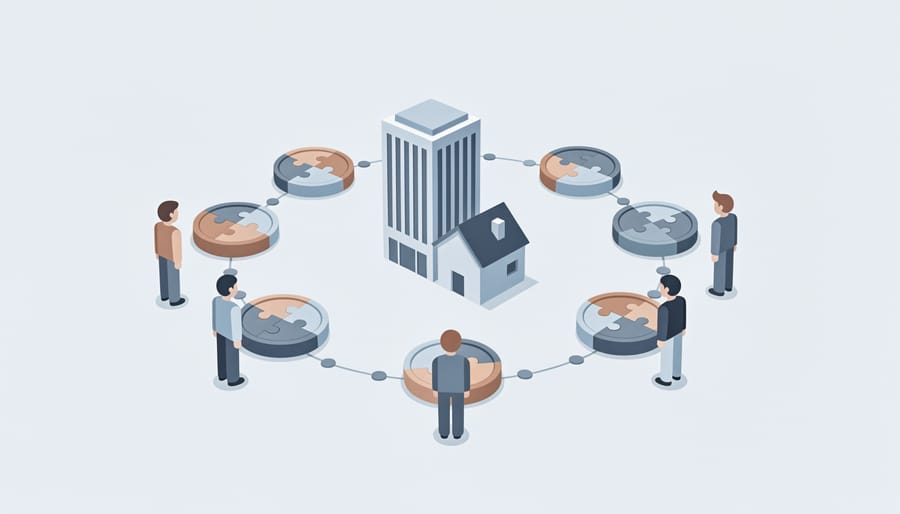Hands holding digital tokens representing fractional property ownership with modern buildings in background