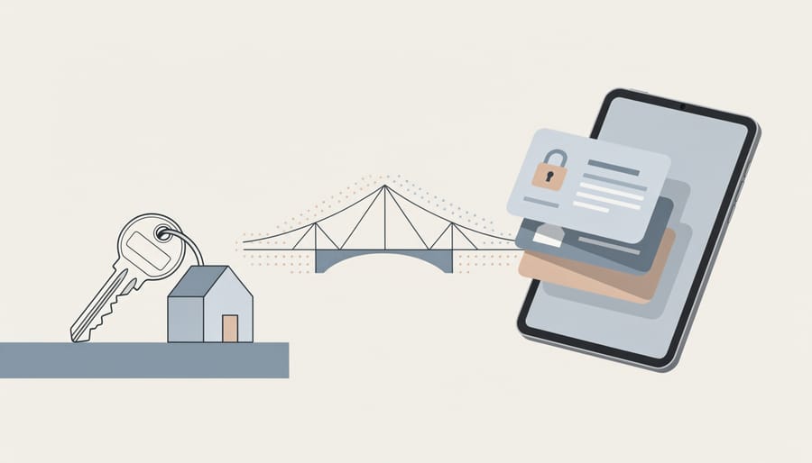 Hands holding traditional physical key and smartphone representing digital and traditional property ownership