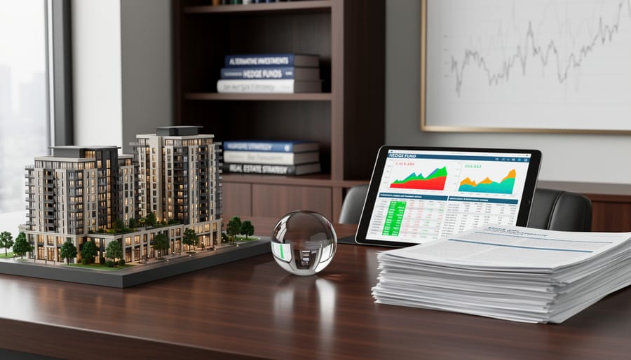 Overhead view of various investment instruments including property documents and financial securities on desk