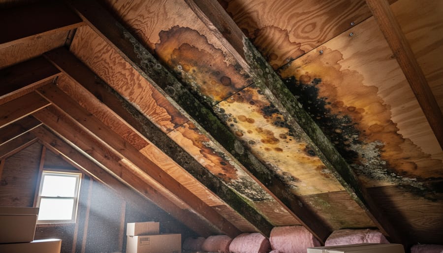 Attic interior showing water stains and mold on wooden rafters from roof leak