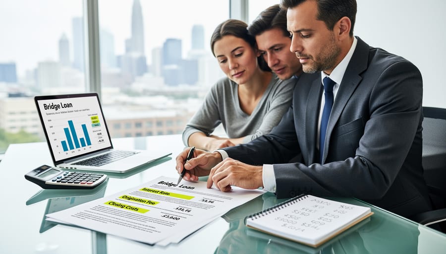 Business professional reviewing mortgage documents and calculating costs at desk