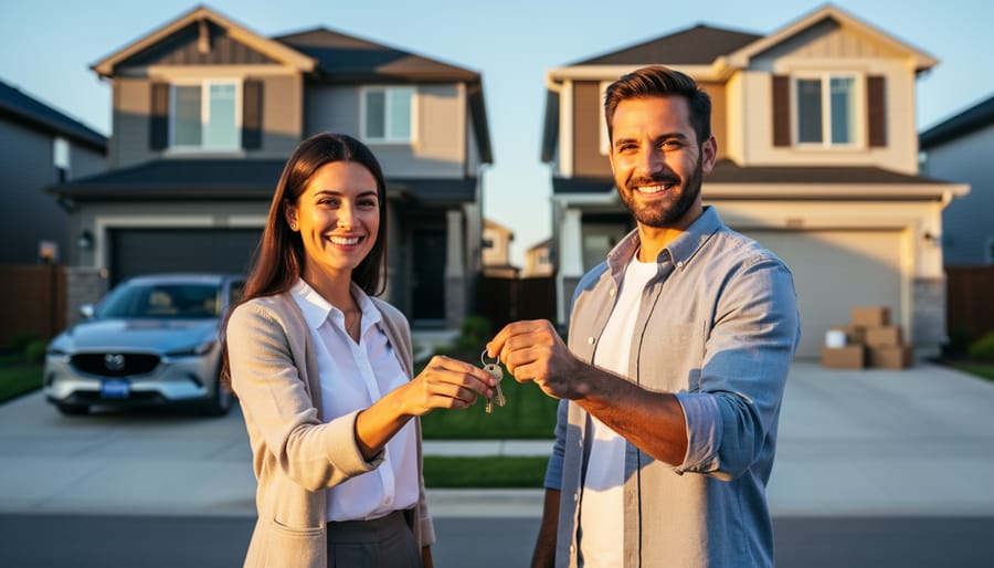 Real estate agent handing house keys to a smiling homebuyer between two suburban houses at golden hour, with a driveway, parked car, and moving boxes softly blurred in the background.