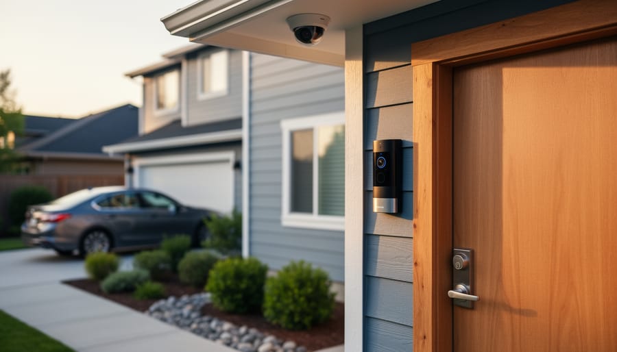Modern front entry with video doorbell, smart deadbolt, and security camera in warm evening light, with a sedan blurred in the driveway to suggest bundled home and auto insurance savings.