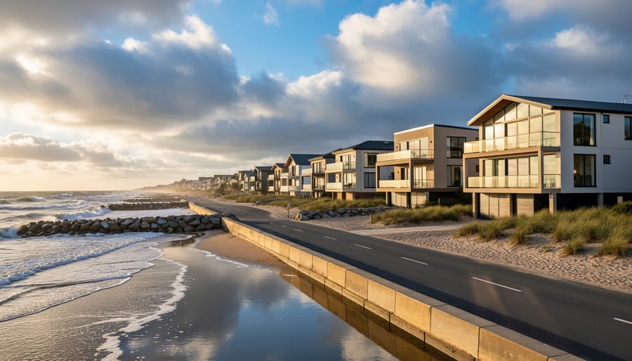 Aerial view of coastal residential properties near waterfront showing climate exposure