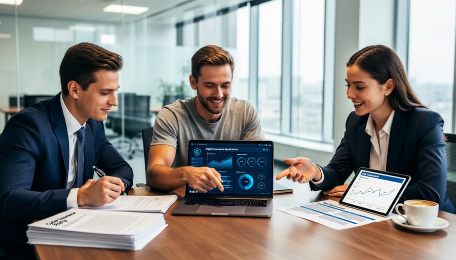 Business team collaborating in conference room meeting with laptops and documents