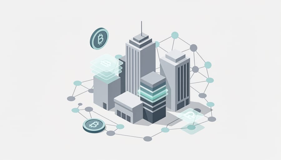 Contemporary office building with digital blockchain elements reflected in glass facade