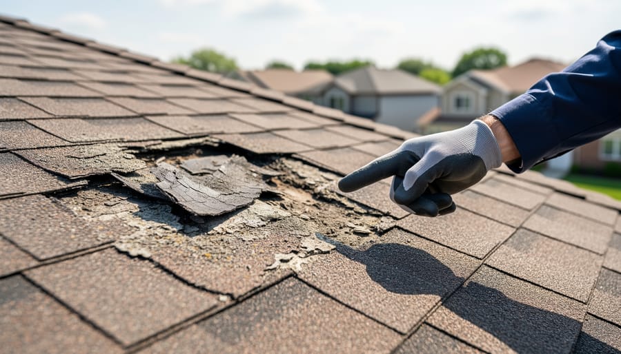 Close-up of damaged asphalt roof shingles showing cracks, curling, and missing pieces