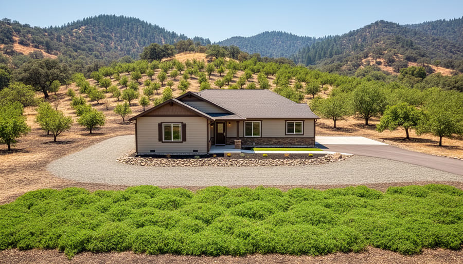 Home surrounded by cleared defensible space with managed vegetation and proper tree spacing