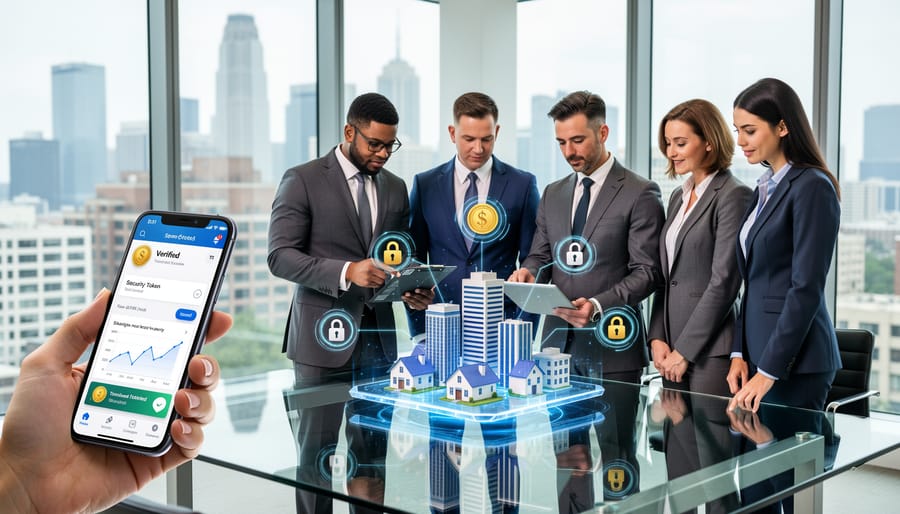 Business professional reviewing digital property documents with traditional keys and blueprints