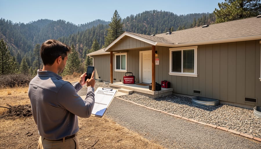 Person photographing rental property exterior to document wildfire preparedness conditions