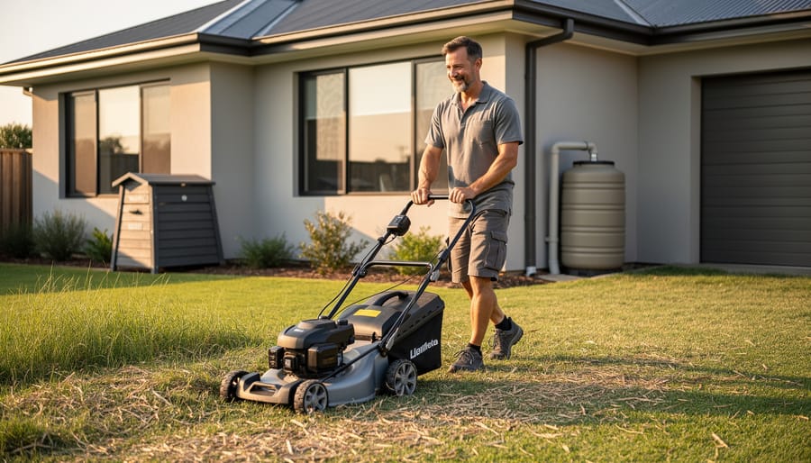 Homeowner using a battery-powered push mower on a native fescue/buffalo grass lawn at golden hour, mulched clippings visible, with a compost bin and rain barrel beside a suburban house in soft focus