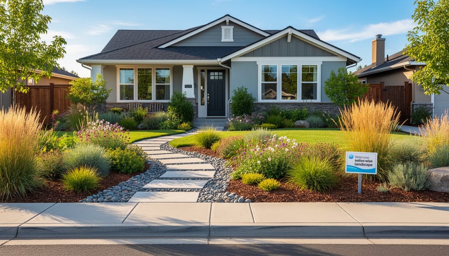 Beautiful suburban home with sustainable lawn featuring native grasses and ground cover