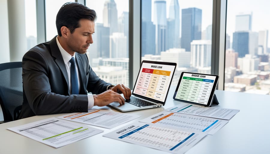 Real estate professionals shaking hands over loan documents in modern office