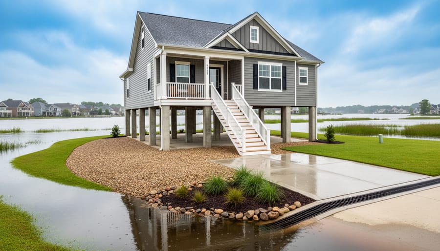 Residential property with flood-resistant infrastructure including elevated foundation and drainage systems