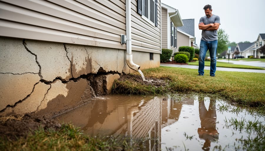 Damaged home foundation with water stains and cracks caused by poor drainage