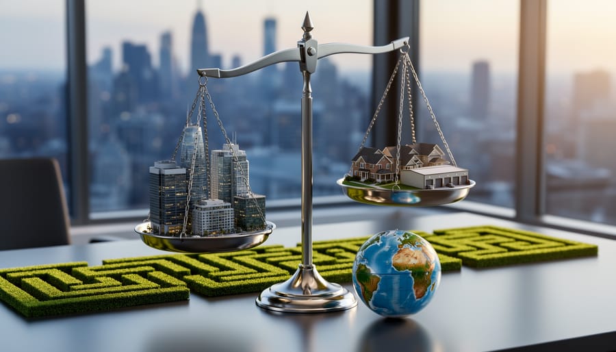 Balance scale on a modern office desk holding tiny skyscraper and suburban building models, with a small globe and hedge maze element nearby, city skyline softly blurred in the background under warm side lighting.
