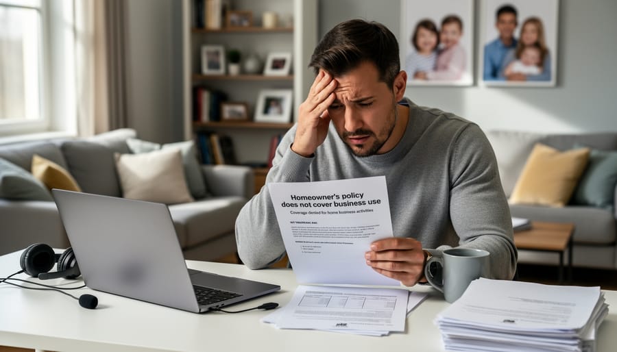Remote worker reviewing insurance policy documents at home office desk with concerned expression