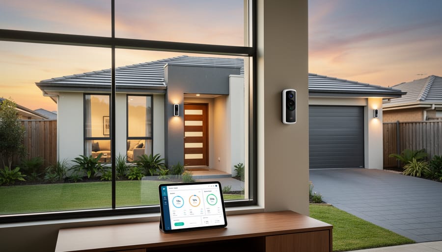 Contemporary home exterior with integrated security camera and motion sensor lighting