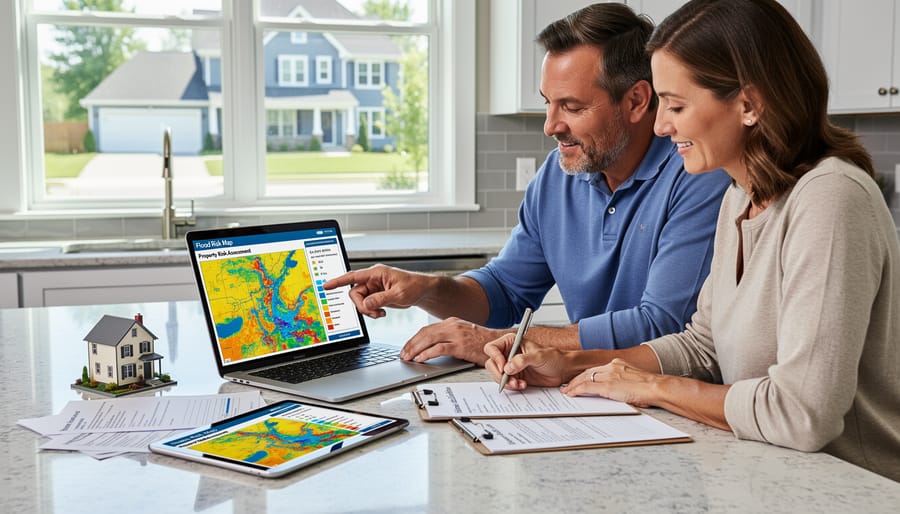 Homeowners reviewing flood risk maps and property data while making housing decisions
