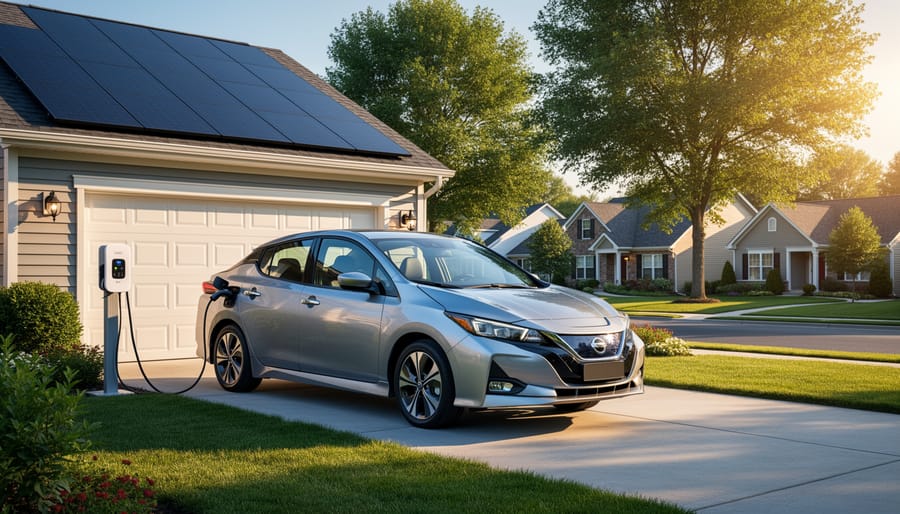 Hybrid sedan charging at a home wall unit in a suburban driveway with rooftop solar panels, photographed at golden hour.