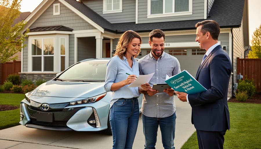 Silver hybrid car parked in front of modern eco-friendly home with solar panels