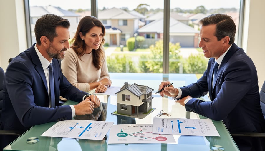 Business professional holding house keys over signed real estate contract documents