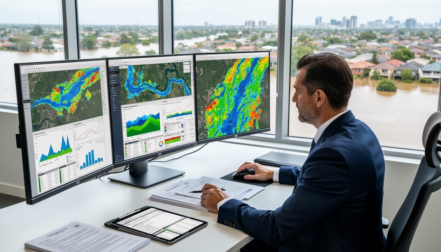 Insurance professional analyzing flood risk documentation and digital flood assessment tools