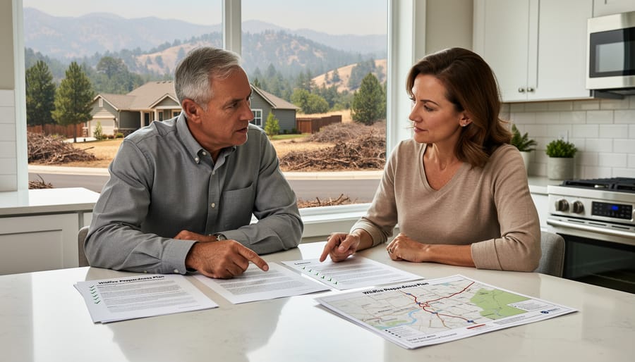 Landlord and tenant reviewing wildfire preparedness documents together at table