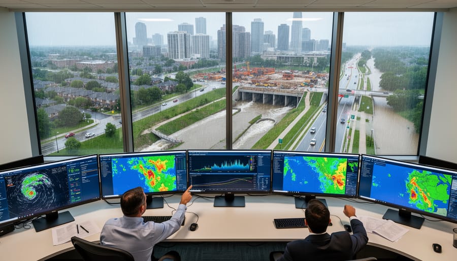 Modern urban stormwater drainage infrastructure with monitoring equipment