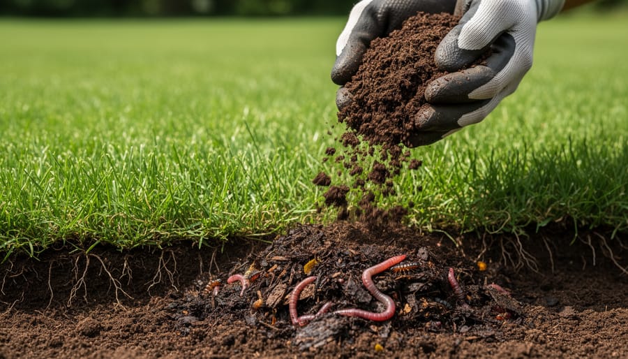 Gardener's hands holding rich organic compost with earthworms above healthy lawn