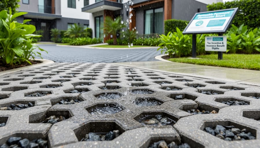 Permeable paver driveway showing water absorption through sustainable drainage system