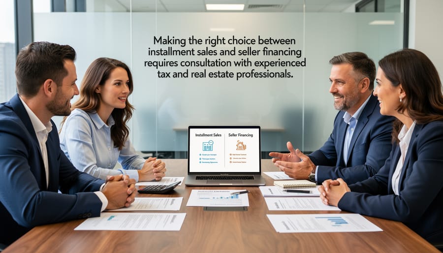 Financial advisors meeting with client to discuss real estate transaction strategies