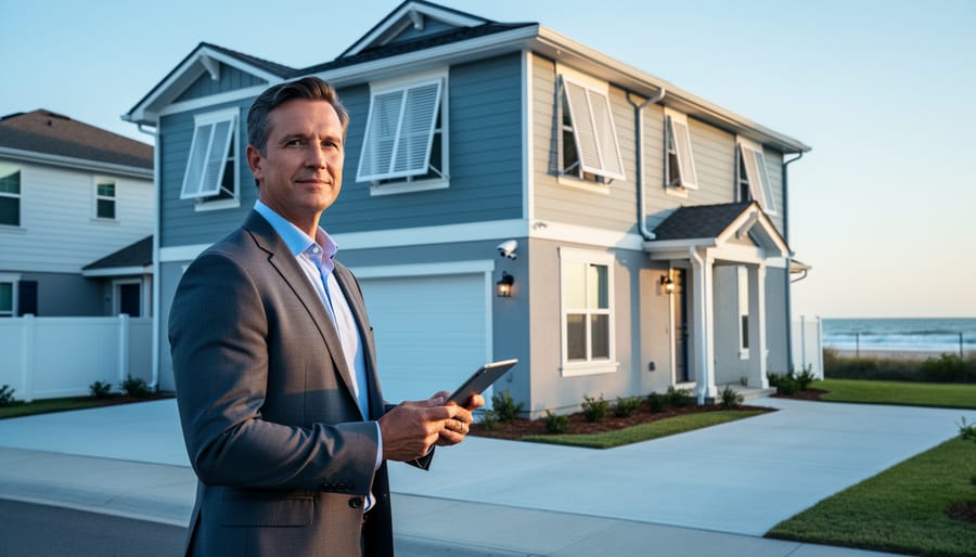 Insurance assessor with tablet evaluating a modern suburban house featuring hurricane shutters and a security camera, eye-level medium shot in soft late-afternoon light with a softly blurred neighborhood and distant coastline.