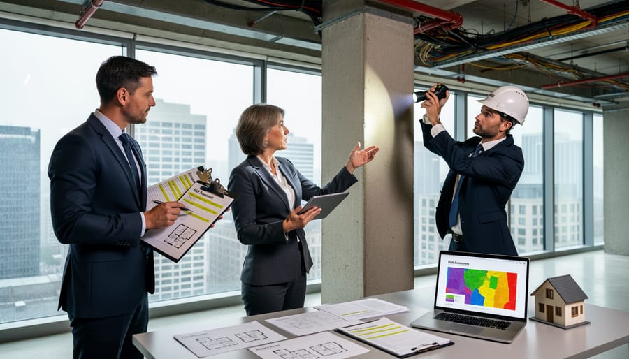 Insurance adjuster inspecting and documenting property damage during risk assessment