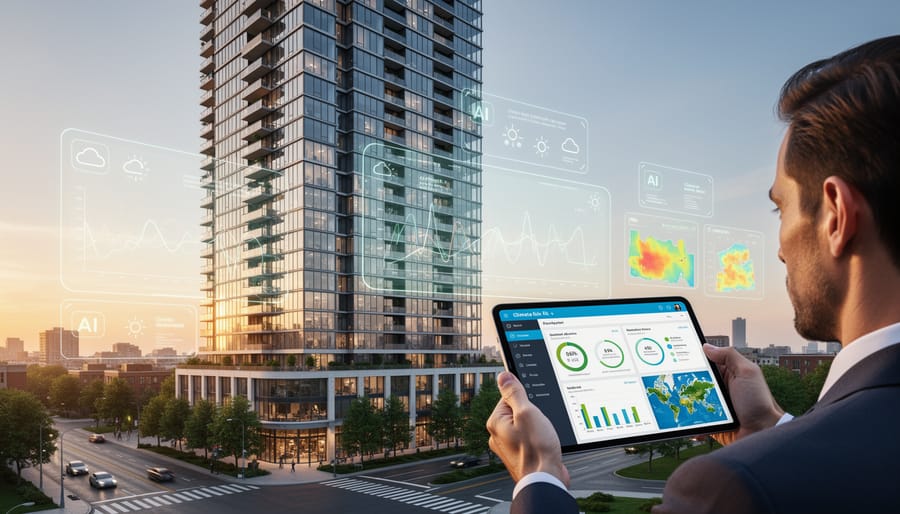 Technology devices monitoring climate data on modern building rooftop with weather equipment