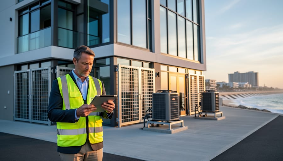 Real estate asset manager in a safety vest holds a tablet while inspecting a modern coastal apartment with metal flood barriers, impact-resistant windows, and elevated HVAC units; a seawall and skyline are softly blurred in the background at golden hour.