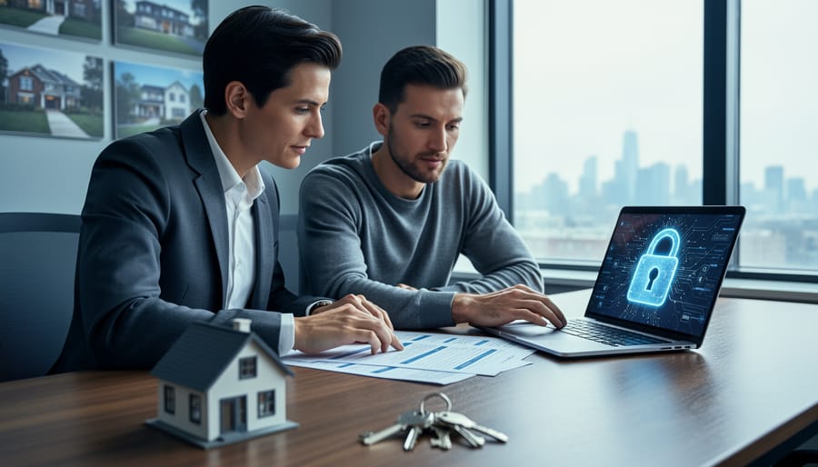 Real estate broker and IT specialist review cybersecurity documentation at an office desk; a laptop with a lock symbol, small house model, and keys in the foreground; soft daylight with blurred property photos and a city skyline behind them.