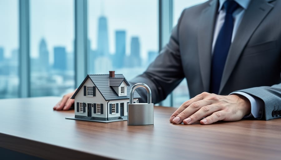 Close-up eye-level view of a real estate agent’s hands at a desk with a house model and a steel padlock under soft window light, with a blurred office and city skyline behind, symbolizing cybersecurity protection for sensitive real estate data.