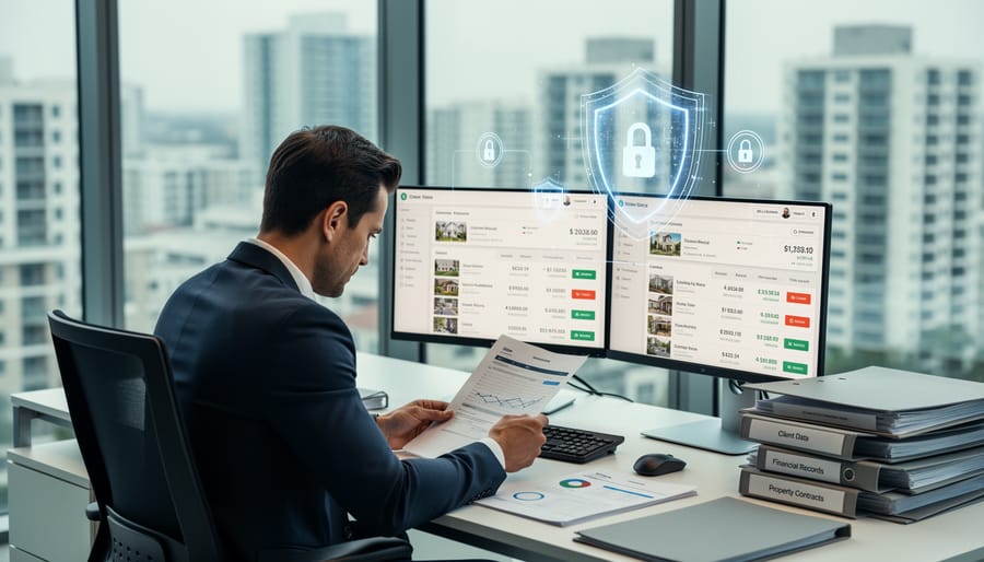 Real estate office desk with laptop, confidential files, and digital devices