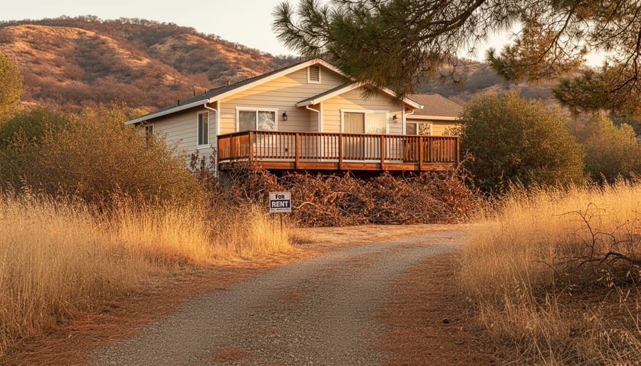 Rental house with overgrown dry vegetation growing against walls showing inadequate defensible space