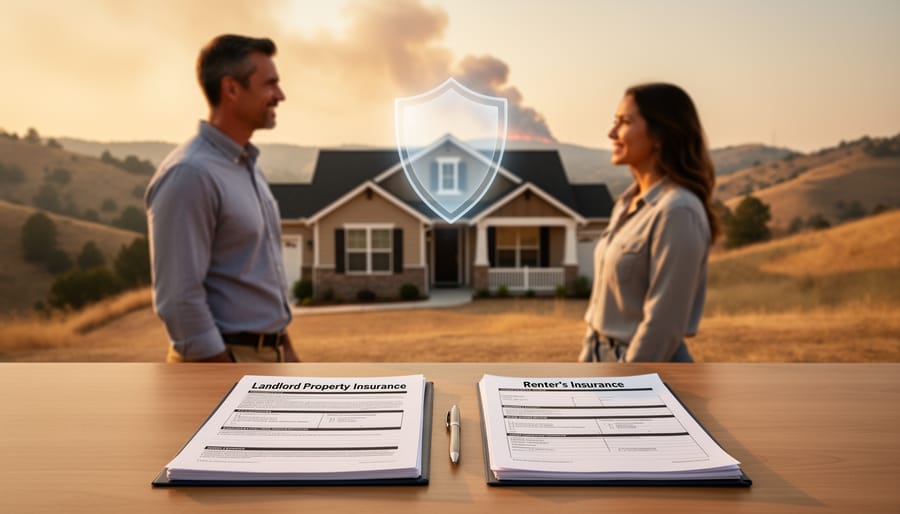 Insurance documents and house model showing coverage considerations for rental properties